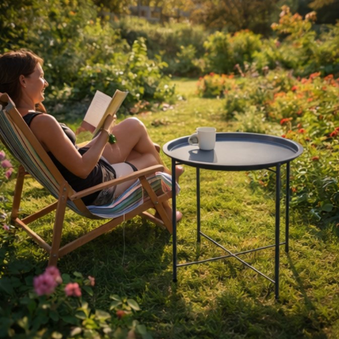 Składany stolik z tacą szary – praktyczny stolik ogrodowy i balkonowy